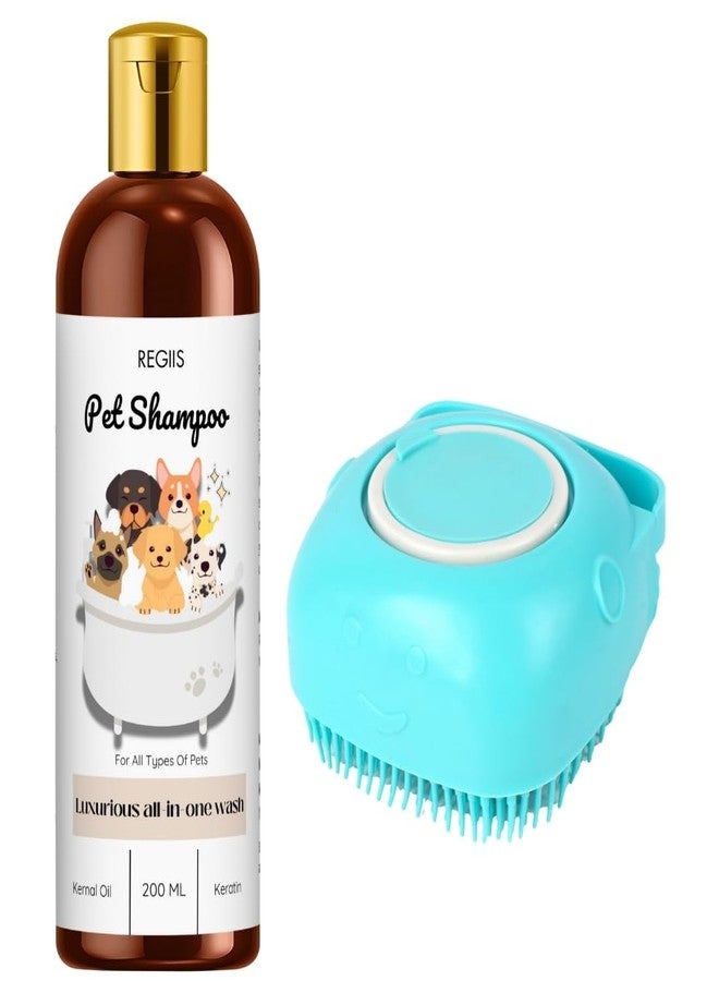 شامبو ريجيس للحيوانات الأليفة مع فرشاة تدليك من السيليكون، غسول فاخر شامل للكلاب، تركيبة الكيراتين وزيت النواة، 200 مل، أزرق (عبوة من قطعتين) - Image 1